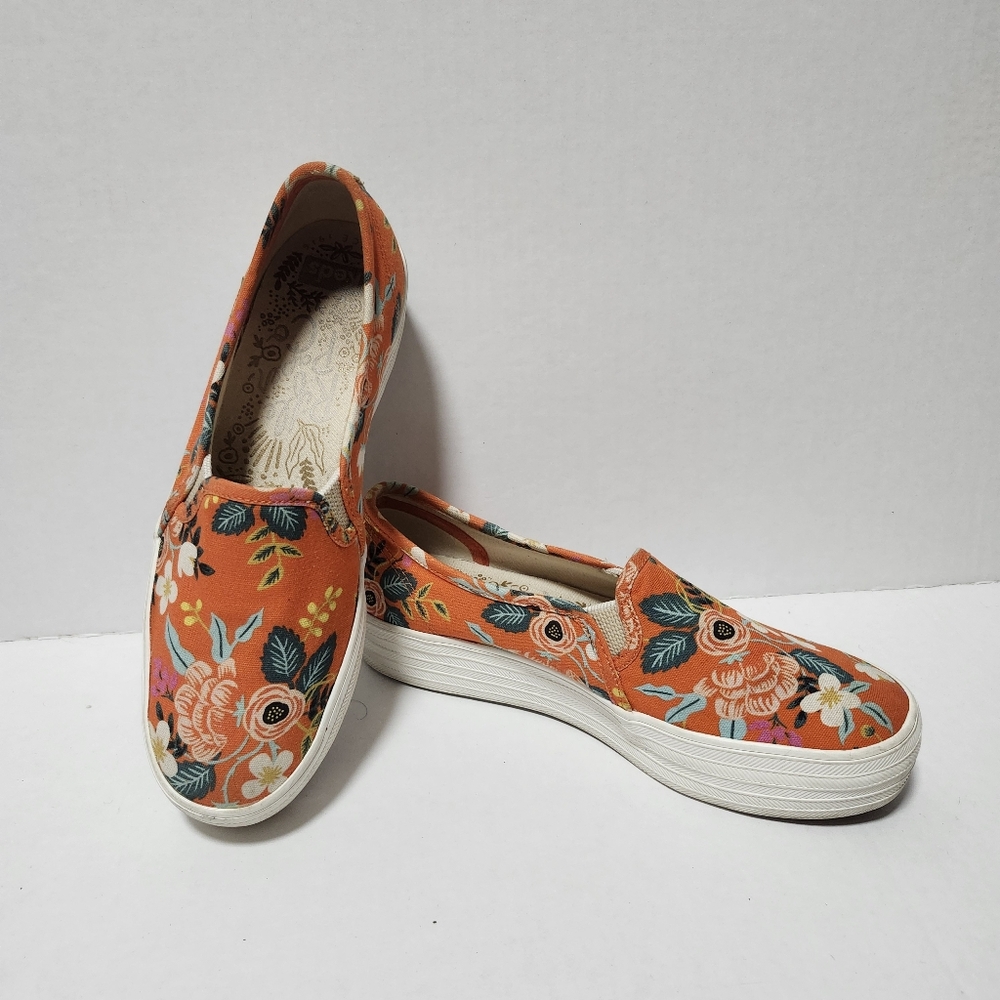 Keds X Rifle Paper Co Orange Floral Slip On Loafers Shoes Sneakers 6